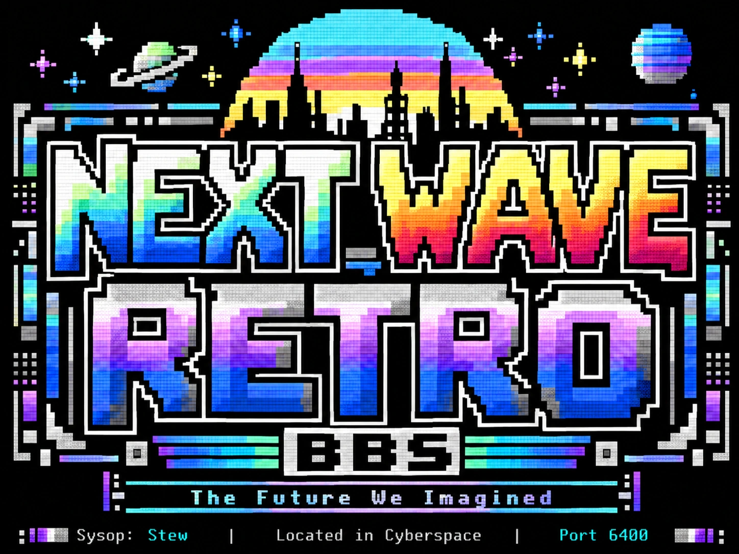 Next Wave Retro neon skyline, rainbow sunset, planets, and retro-futuristic lettering